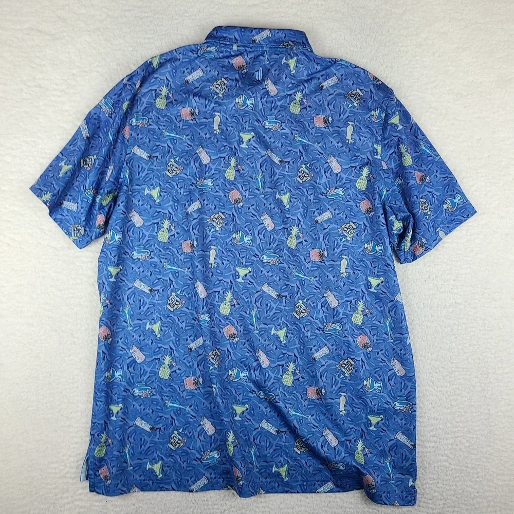 Johnnie-O Polo Shirt Mens XL Blue Tropical Drink Hawaiian Performance Golf